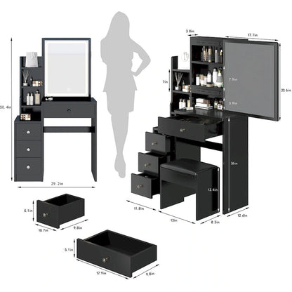 Makeup Vanity Desk Set with Sliding Mirror and Cushioned Stool