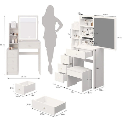 Makeup Vanity Desk Set with Sliding Mirror and Cushioned Stool
