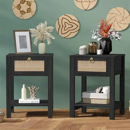 White Nightstand Set of 2 Rattan Decor Drawer