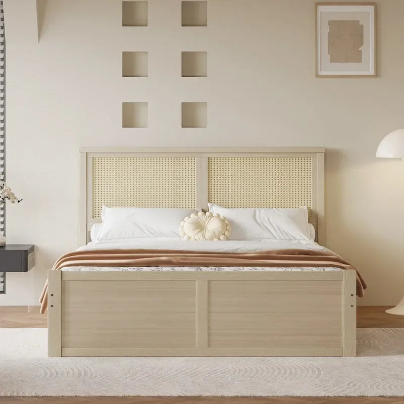 Harper&Bright Designs Rattan Headboard Storage Platform Bed with 4 Drawers