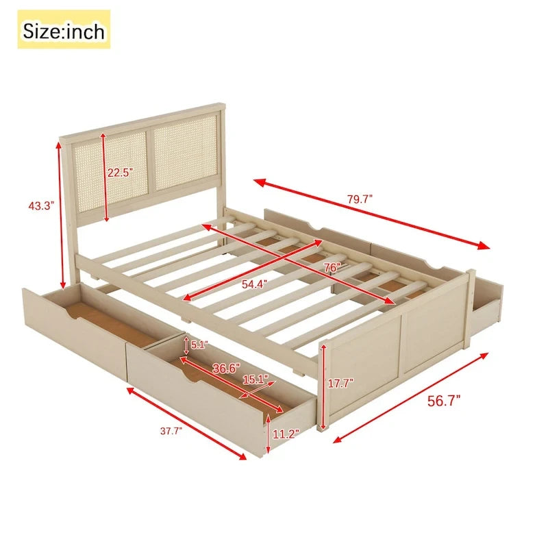 Harper&Bright Designs Rattan Headboard Storage Platform Bed with 4 Drawers