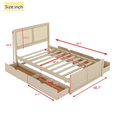 Harper&Bright Designs Rattan Headboard Storage Platform Bed with 4 Drawers