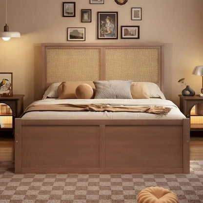 Harper&Bright Designs Rattan Headboard Storage Platform Bed with 4 Drawers