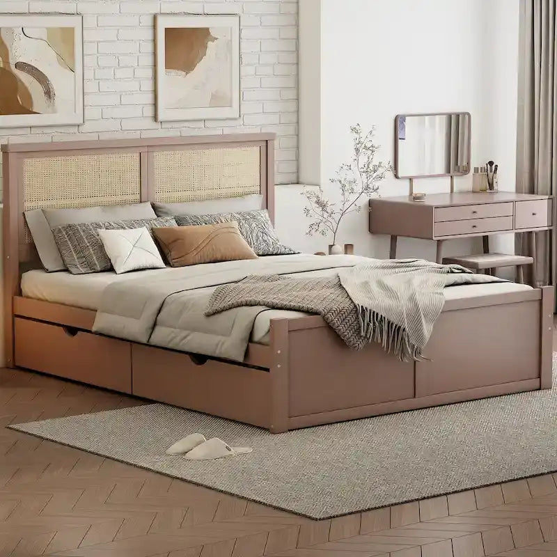 Harper&Bright Designs Rattan Headboard Storage Platform Bed with 4 Drawers