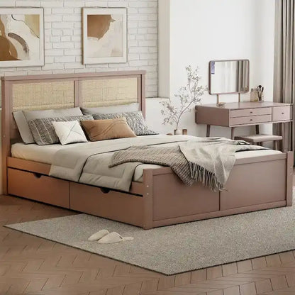 Harper&Bright Designs Rattan Headboard Storage Platform Bed with 4 Drawers