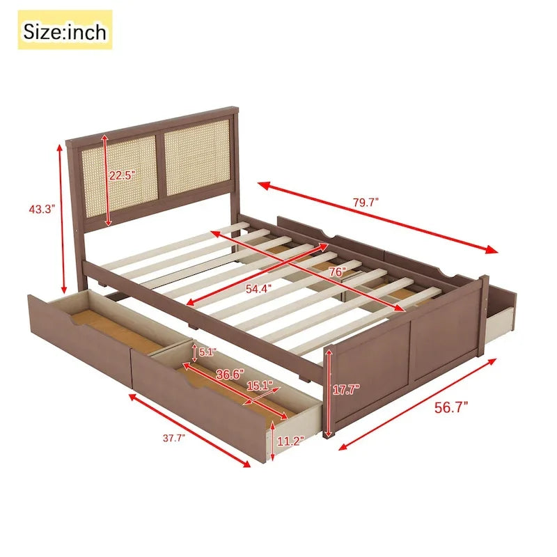 Harper&Bright Designs Rattan Headboard Storage Platform Bed with 4 Drawers