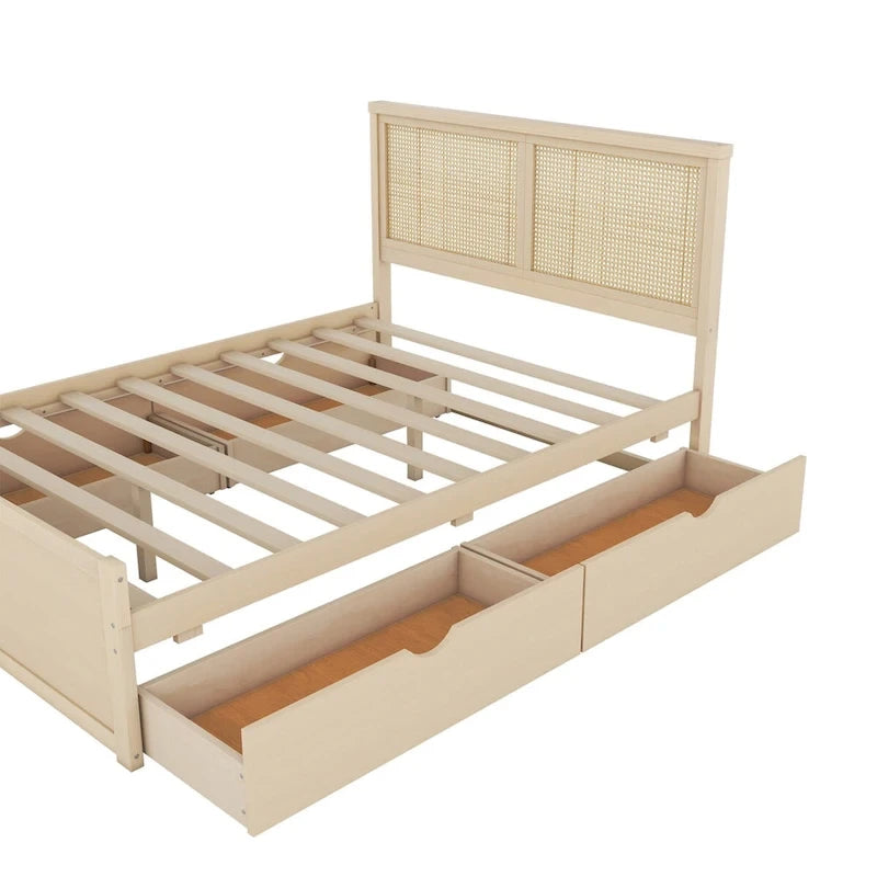 Harper&Bright Designs Rattan Headboard Storage Platform Bed with 4 Drawers
