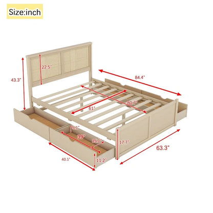Harper&Bright Designs Rattan Headboard Storage Platform Bed with 4 Drawers