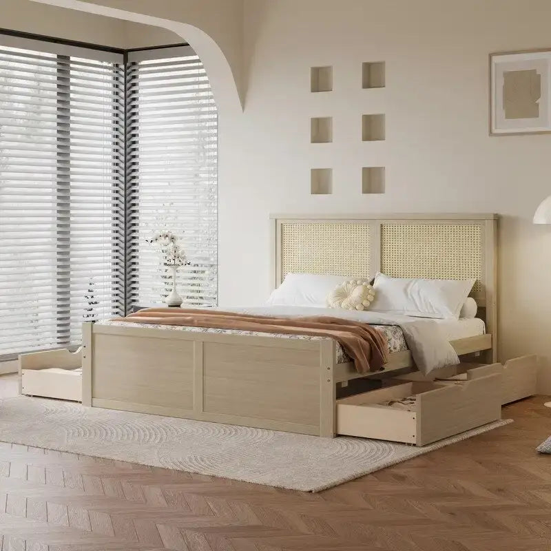 Wood Full Size Storage Platform Bed with 4 Drawers, Rattan Headboard
