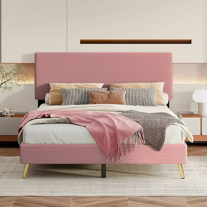 Wood Frame Queen Platform Bed Frame with Horizontal Stripe Headboard Upholstered Bed Frame Wood Slat,No Box Spring Needed