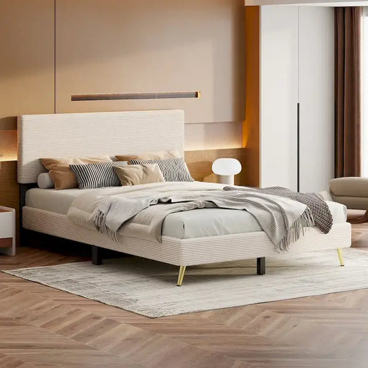 Wood Frame Queen Platform Bed Frame with Horizontal Stripe Headboard Upholstered Bed Frame Wood Slat,No Box Spring Needed