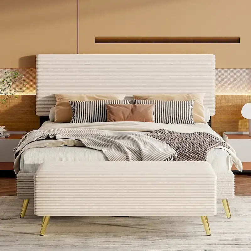 Wood Frame Queen Platform Bed Frame with Horizontal Stripe Headboard Upholstered Bed Frame Wood Slat,No Box Spring Needed