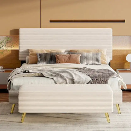 Wood Frame Queen Platform Bed Frame with Horizontal Stripe Headboard Upholstered Bed Frame Wood Slat,No Box Spring Needed