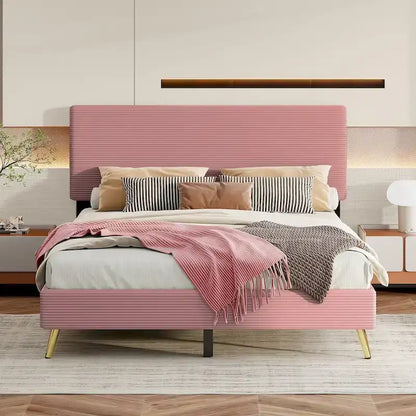 Wood Frame Queen Platform Bed Frame with Horizontal Stripe Headboard Upholstered Bed Frame Wood Slat,No Box Spring Needed
