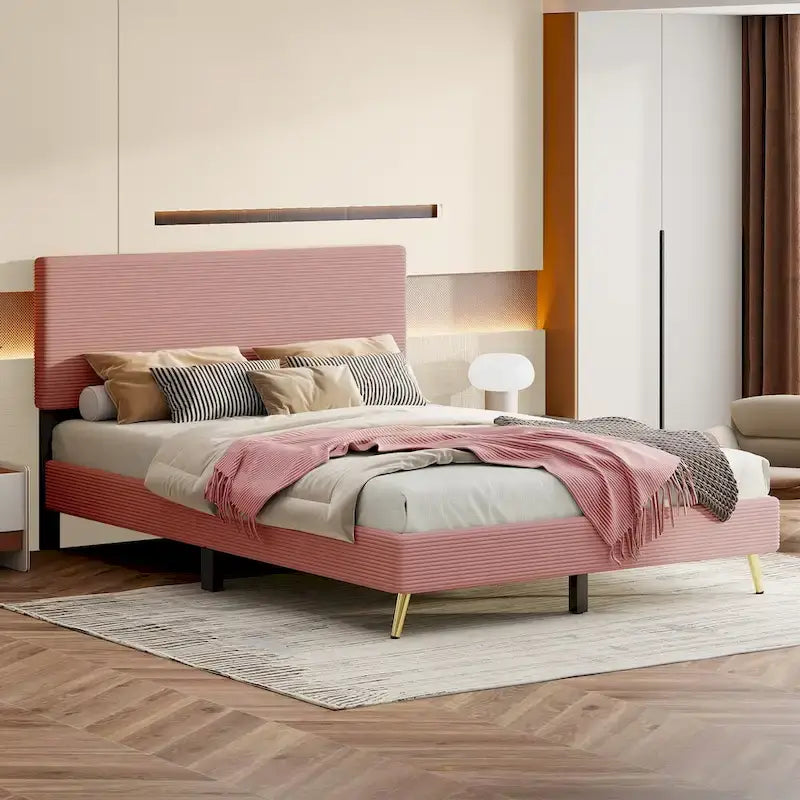Wood Frame Queen Platform Bed Frame with Horizontal Stripe Headboard Upholstered Bed Frame Wood Slat,No Box Spring Needed