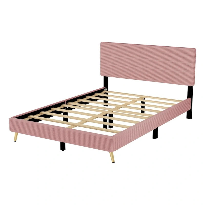 Wood Frame Queen Platform Bed Frame with Horizontal Stripe Headboard Upholstered Bed Frame Wood Slat,No Box Spring Needed