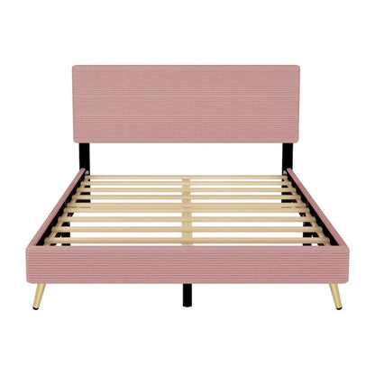 Wood Frame Queen Platform Bed Frame with Horizontal Stripe Headboard Upholstered Bed Frame Wood Slat,No Box Spring Needed