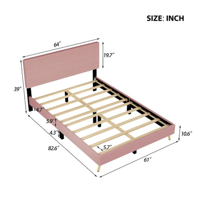 Wood Frame Queen Platform Bed Frame with Horizontal Stripe Headboard Upholstered Bed Frame Wood Slat,No Box Spring Needed