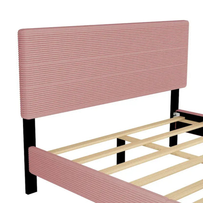 Wood Frame Queen Platform Bed Frame with Horizontal Stripe Headboard Upholstered Bed Frame Wood Slat,No Box Spring Needed