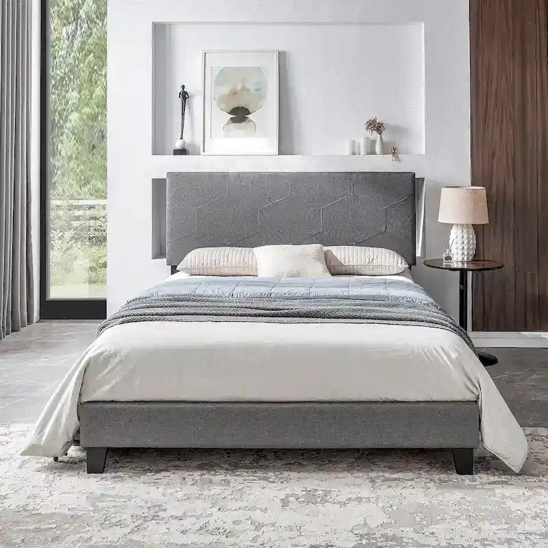 Queen Size Upholstered Platform Bed Frame,Wood Slat Support