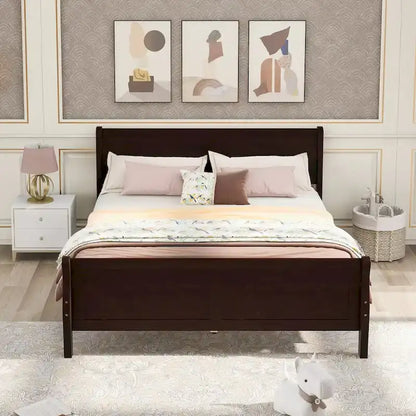 Full Size Wood Platform Bed with Headboard & Slat Support, Minimalist Design for Bedroom