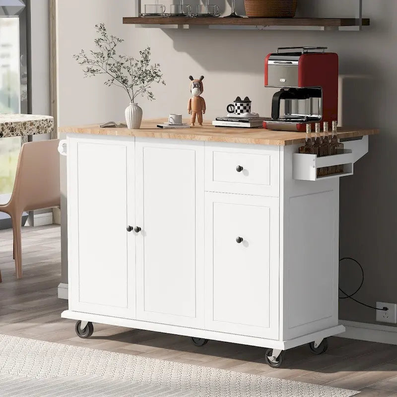 Kitchen Island on Wheels with Drop Leaf and 3 Tier Pull Out Organizer