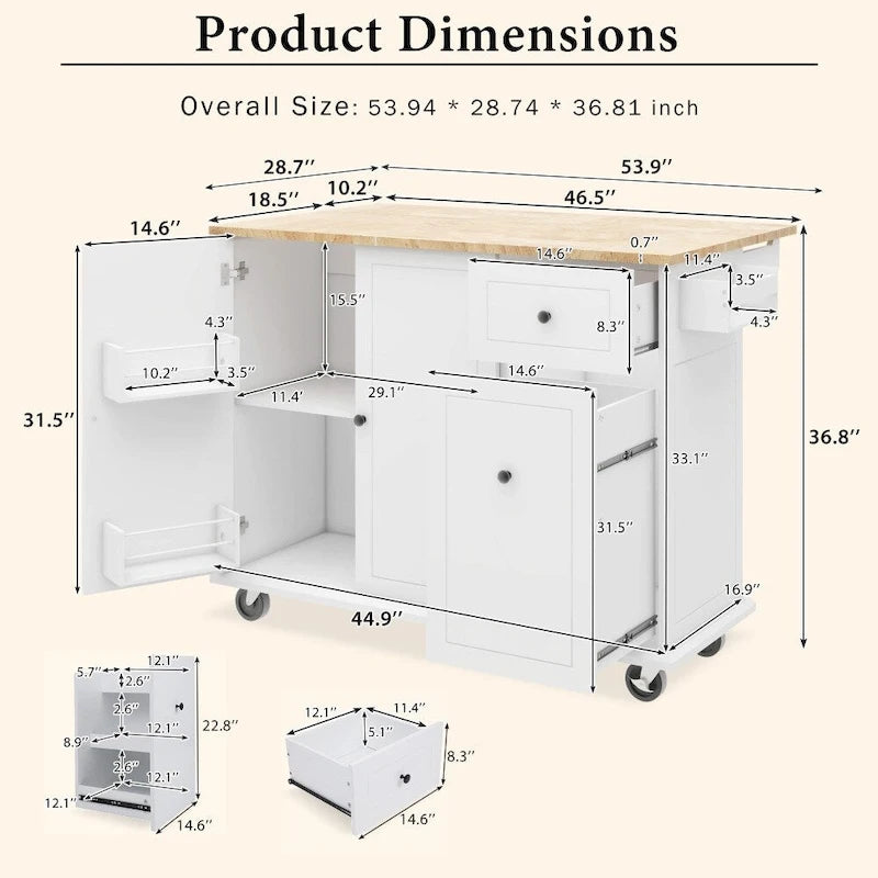 Kitchen Island on Wheels with Drop Leaf and 3 Tier Pull Out Organizer