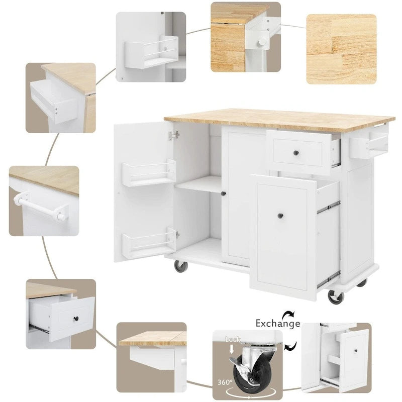 Kitchen Island on Wheels with Drop Leaf and 3 Tier Pull Out Organizer