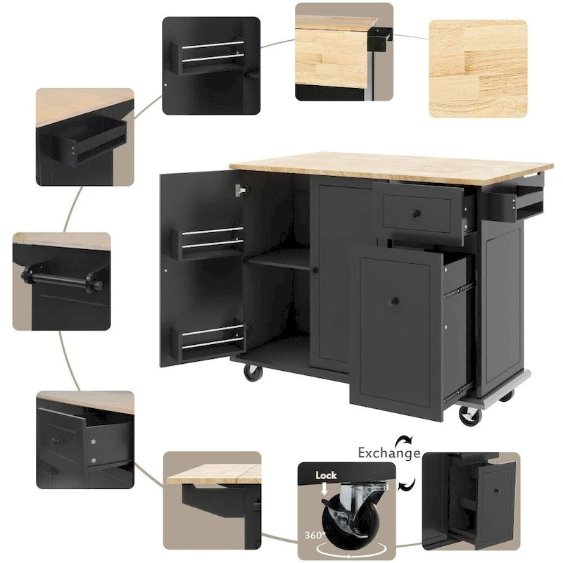 Kitchen Island on Wheels with Drop Leaf and 3 Tier Pull Out Organizer
