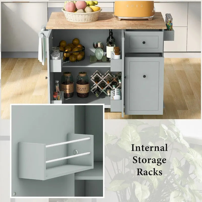 Kitchen Island on Wheels with Drop Leaf and 3 Tier Pull Out Organizer