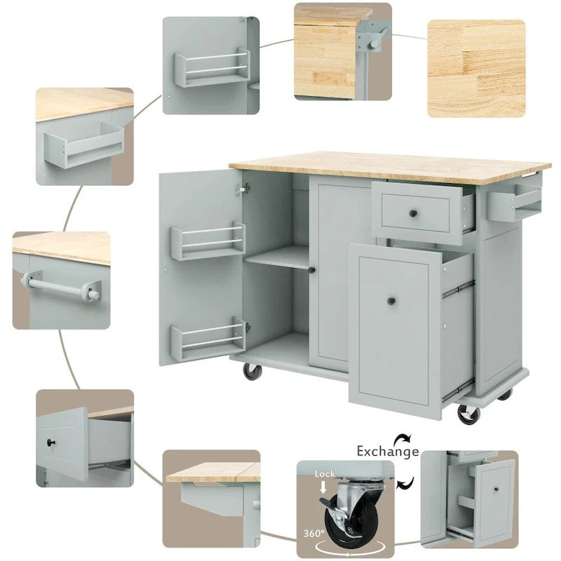 Kitchen Island on Wheels with Drop Leaf and 3 Tier Pull Out Organizer