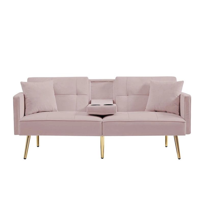 Pink Velvet Sofa Bed, Converts, Adjustable Positions, Central Armrest