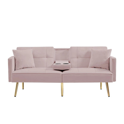Pink Velvet Sofa Bed, Converts, Adjustable Positions, Central Armrest