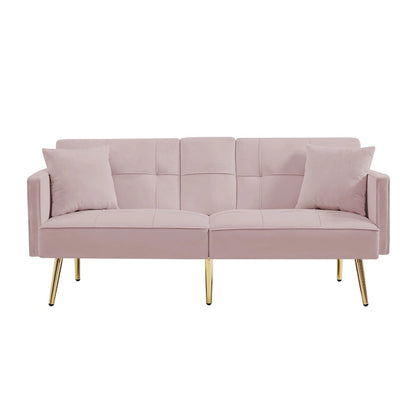 Pink Velvet Sofa Bed, Converts, Adjustable Positions, Central Armrest