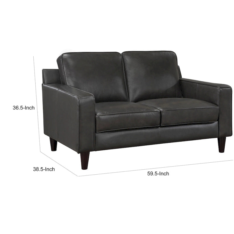 Richie 60 Inch Loveseat, Gray Top Grain and Faux Leather, Solid Wood