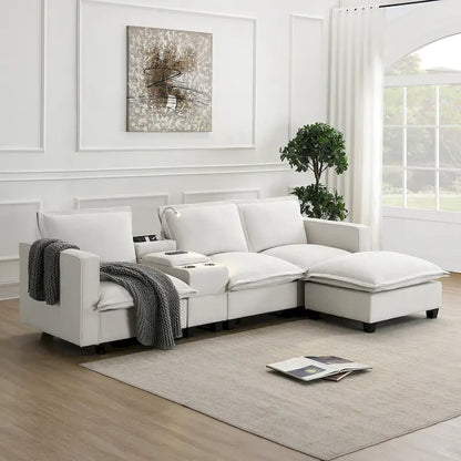 Chenille Square Arm Mid-Century Modern USB Port Sectional Sofa - 109 x 57