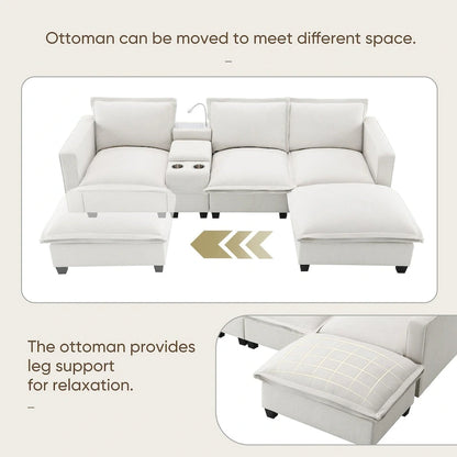 Chenille Square Arm Mid-Century Modern USB Port Sectional Sofa - 109 x 57