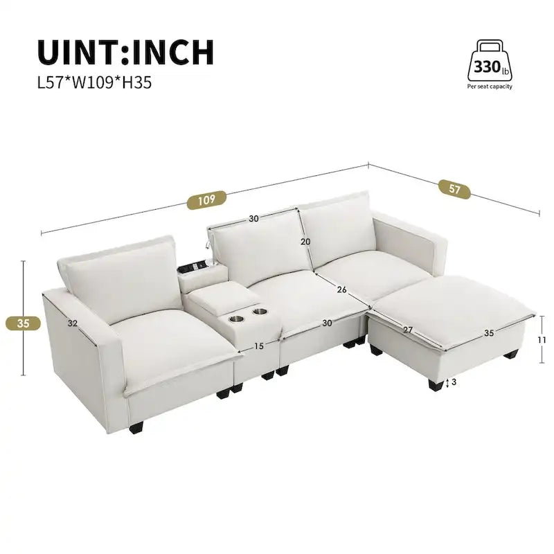 Chenille Square Arm Mid-Century Modern USB Port Sectional Sofa - 109 x 57