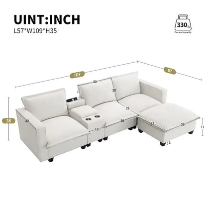 Chenille Square Arm Mid-Century Modern USB Port Sectional Sofa - 109 x 57