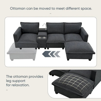 Chenille Square Arm Mid-Century Modern USB Port Sectional Sofa - 109 x 57