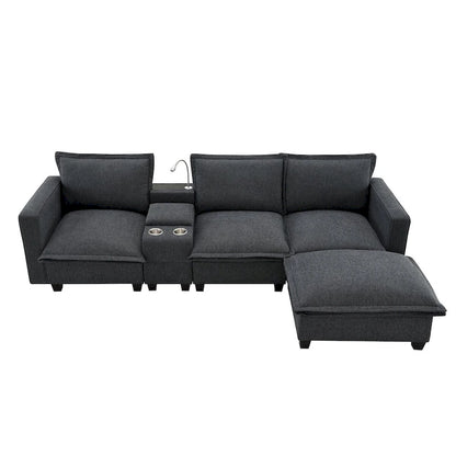 Chenille Square Arm Mid-Century Modern USB Port Sectional Sofa - 109 x 57
