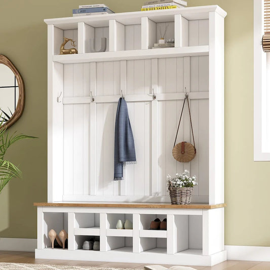 78H Modern Hall Tree with Wide Storage Seating Bench,Entryway Shoe Cabinet with 13 Compartments,Elegant Coat Rack with 6 Hooks