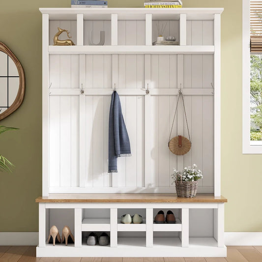 78H Modern Hall Tree with Wide Storage Seating Bench,Entryway Shoe Cabinet with 13 Compartments,Elegant Coat Rack with 6 Hooks