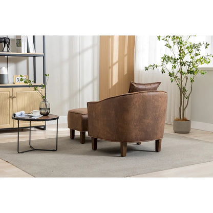 Mid-Century Upholstered Barrel Accent Round Arm Chair with Ottoman