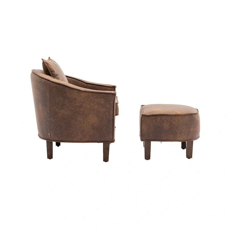 Mid-Century Upholstered Barrel Accent Round Arm Chair with Ottoman