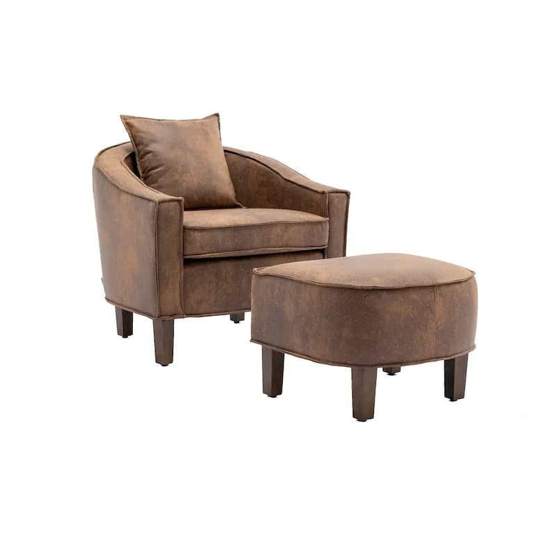 Mid-Century Upholstered Barrel Accent Round Arm Chair with Ottoman