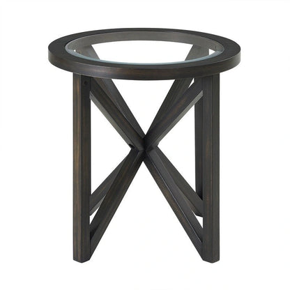 Modern simple glass coffee table, tempered glass coffee table solid wood base round transparent glass top
