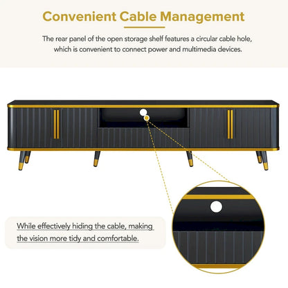 TV Stand with Open Storage Shelf for TVs Up to 85,with Cabinets and Drawers, Practical Media Console with Unique Legs
