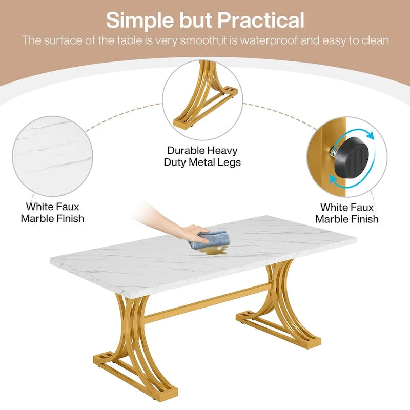 63 Modern Dining Table with Faux Marble Tabletop Golden Frame for Kitchen Dining Room