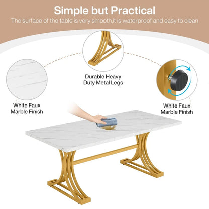 63 Modern Dining Table with Faux Marble Tabletop Golden Frame for Kitchen Dining Room